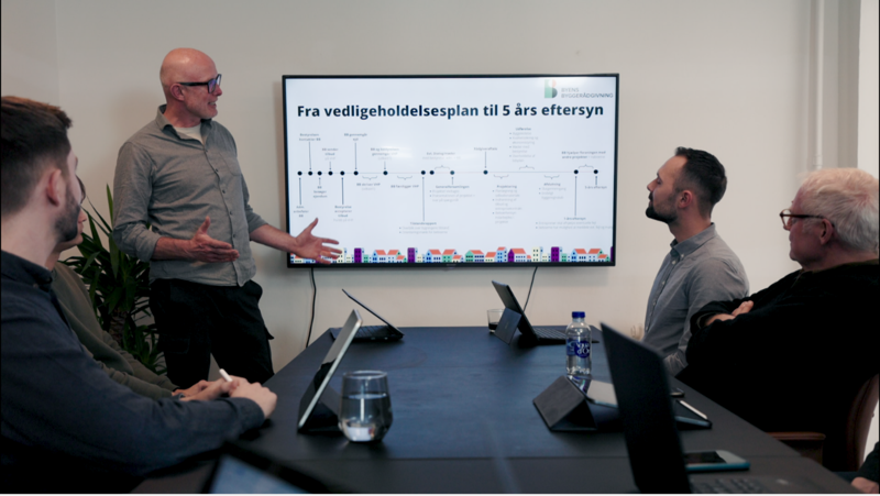 Team presenterer planleggingsprosess på skjerm under møte om effektiv drift, vaktplanlegging og timeregistrering i virksomheten.