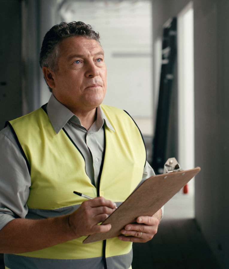 En fokusert mannlig inspektør i synlighetsvest tar notater på en skriveplate mens han evaluerer en bygge- eller industriplass.